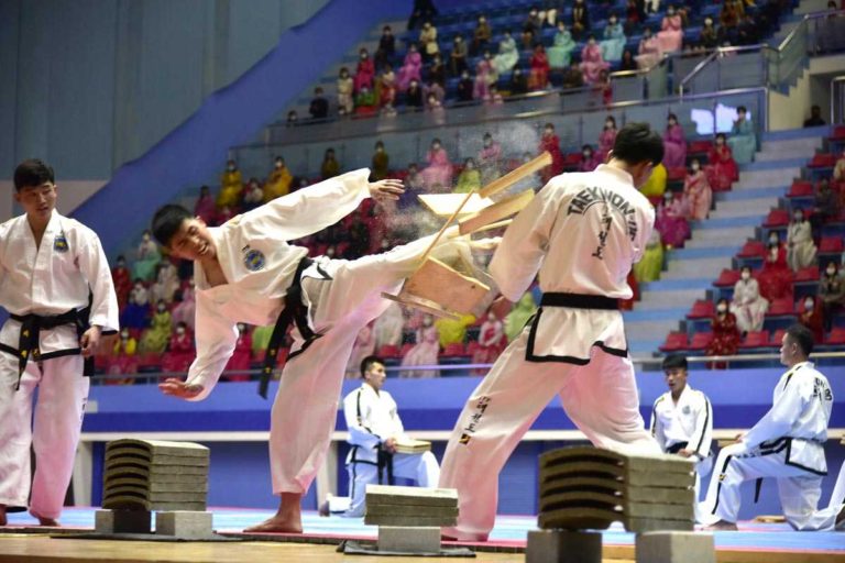 A shot of the Taekwon-Do match of the Mangyongdae Prize national martial arts championships