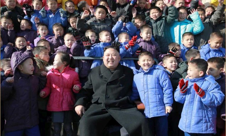 Kim Jong Un among the pupils of Pyongyang Primary School for Orphans in February Juche 106 (2017)